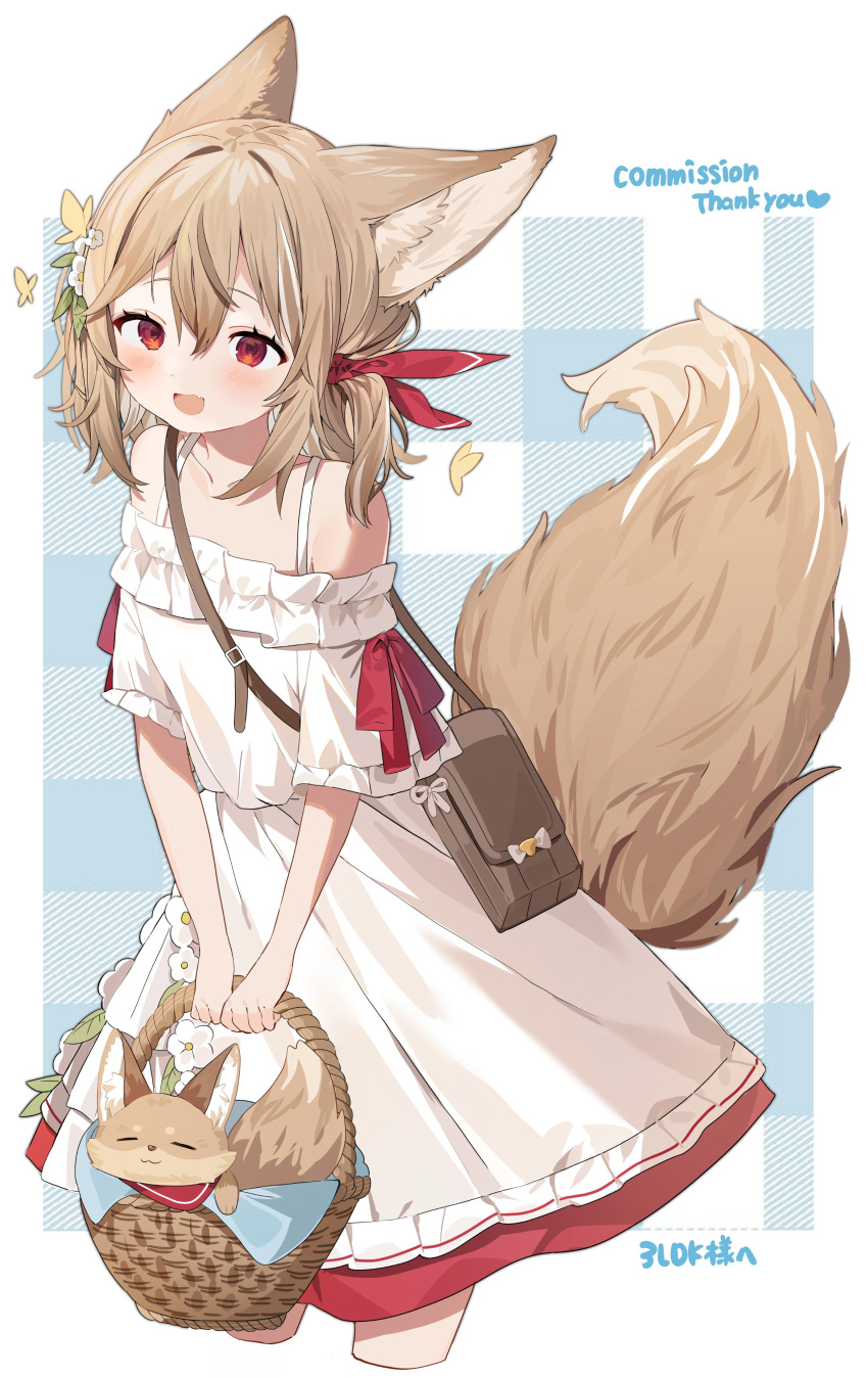 1girl :d absurdres animal animal_ears bag bare_shoulders basket blush brown_bag brown_hair commission cowboy_shot cropped_legs dress fox fox_ears fox_girl fox_tail hair_between_eyes hair_ribbon highres holding holding_basket inu_(puputizy) looking_at_viewer medium_hair off-shoulder_dress off_shoulder open_mouth original red_eyes red_ribbon ribbon satchel smile solo tail white_dress