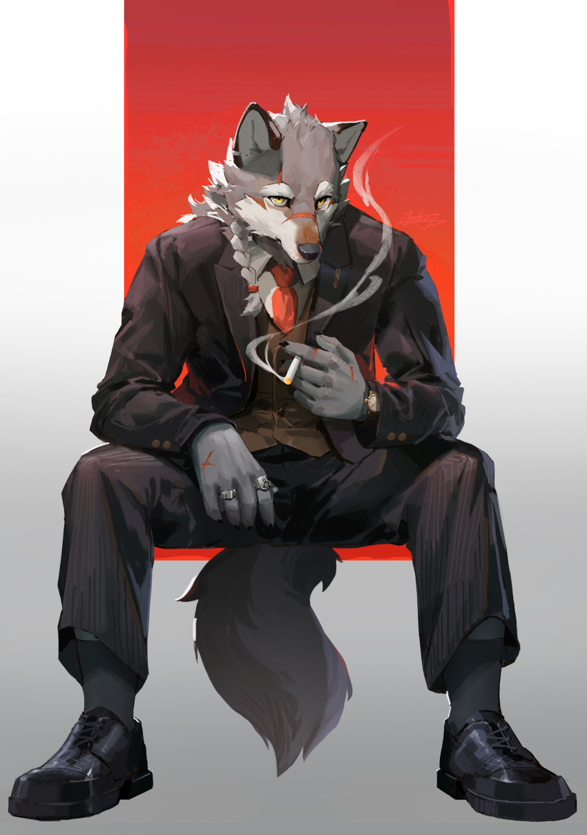 abstract_background absurd_res anthro black_bottomwear black_clothing black_pants black_suit blazer bottomwear braided_hair canid canine canis claws clock clothed clothing footwear fur grey_body grey_fur hair hi_res lokey looking_at_viewer male mammal necktie pants red_necktie ring scar shirt sitting smoking socks solo suit topwear watch white_body white_clothing white_fur white_shirt white_topwear wolf wristwatch yellow_eyes