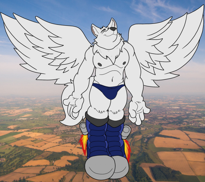 anthro boots canid canine canis clothing flying footwear fur how-did-we-get-here male mammal rocket_boots solo spread_wings underwear white_body white_fur wings wolf