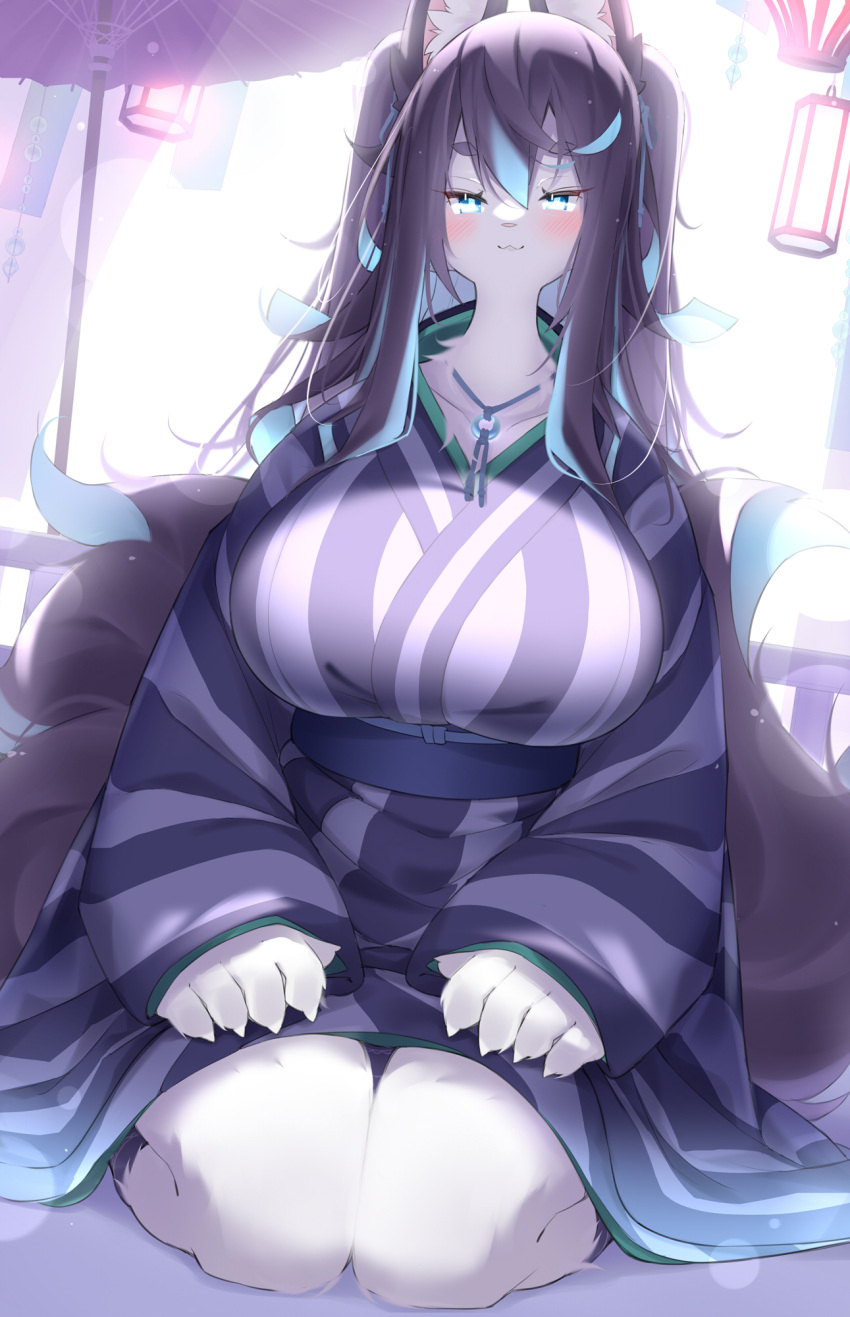 2022 5_fingers anthro asian_clothing big_breasts black_hair blue_eyes blue_hair blush breasts canid canine claws clothed clothing east_asian_clothing female finger_claws fingers fox fur hair hi_res huluba inner_ear_fluff japanese_clothing kemono kimono long_hair looking_at_viewer mammal sitting solo tuft wariza white_body white_fur