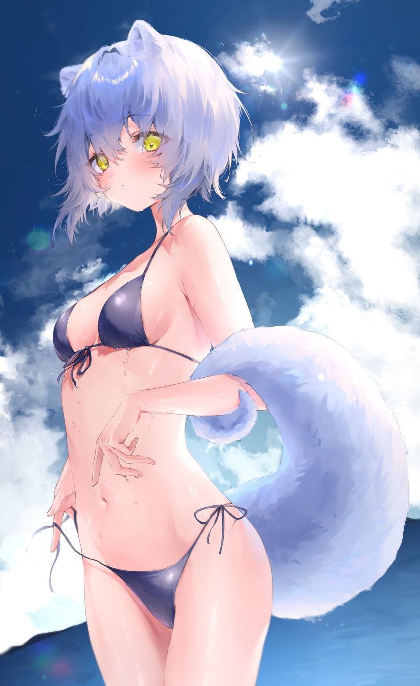 1girl animal_ears bikini blue_bikini blue_hair blue_sky breasts cloud commentary_request day harui_(hr_x9_) highres looking_at_viewer medium_breasts navel ocean original outdoors short_hair sky swimsuit tail yellow_eyes