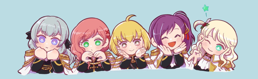 5girls :&gt; :3 :d ;) ^_^ ahoge aqua_eyes bangs black_jacket black_ribbon blonde_hair blue_background blush bright_pupils brown_eyes chibi closed_eyes closed_mouth commentary_request cropped_torso epaulettes flower gold_trim green_eyes grey_hair hair_flower hair_ornament hair_ribbon hand_up hands_on_own_cheeks hands_on_own_chin hands_on_own_face hands_up heart heart_hands high_ponytail highres jacket jacket_on_shoulders leaning_to_the_side liu_mei_fan long_hair long_sleeves looking_at_viewer multiple_girls one_eye_closed open_hands open_mouth otori_michiru puckered_lips purple_eyes purple_hair red_flower red_hair red_ribbon red_rose ribbon rose short_hair shoujo_kageki_revue_starlight shoujo_kageki_revue_starlight_-re_live- side-by-side side_ponytail sidelocks simple_background smile star_(symbol) swept_bangs tsuruhime_yachiyo upper_body v white_jacket white_pupils x_hair_ornament yuimaru yukishiro_akira yumeoji_shiori