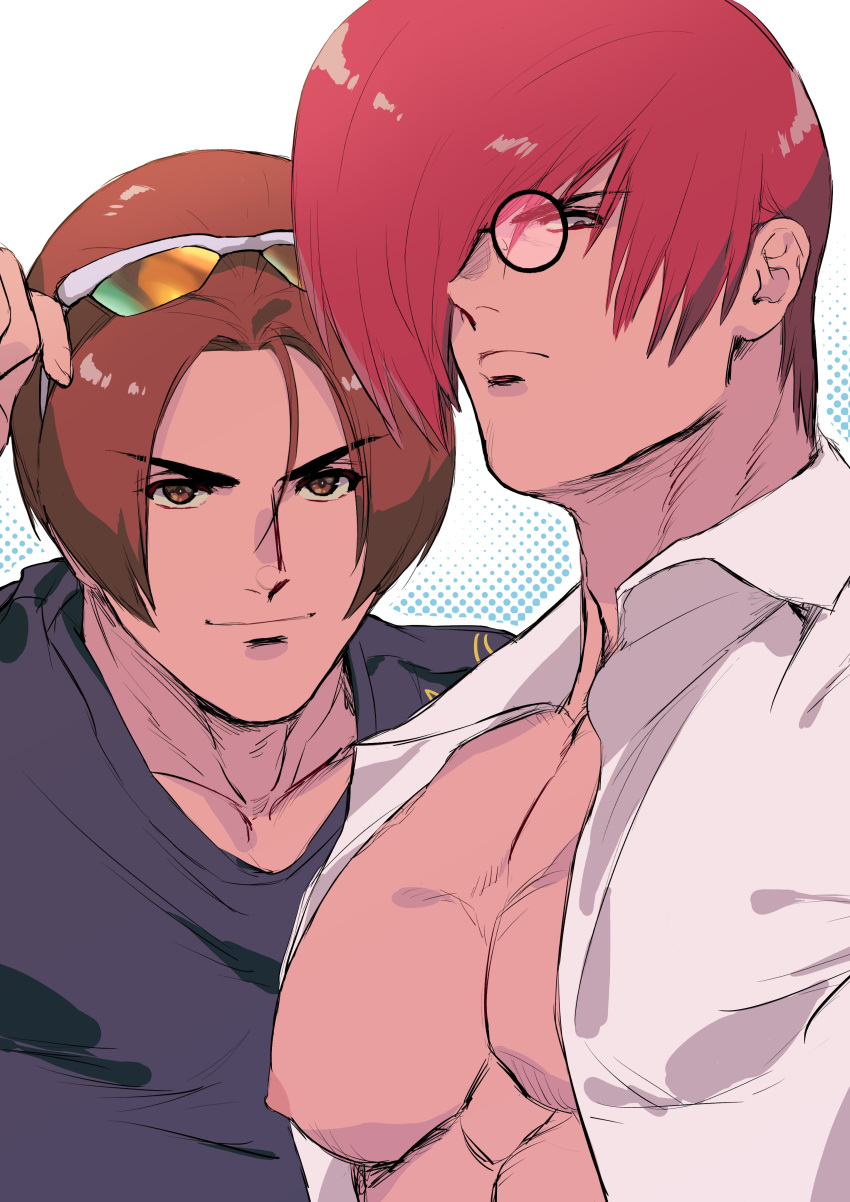 2boys absurdres bara bare_pectorals beniazumaru black_shirt brown_hair closed_mouth eyewear_on_head hair_over_one_eye highres kusanagi_kyou large_pectorals male_focus multiple_boys muscular muscular_male nipples open_clothes open_shirt pectorals red_hair round_eyewear shirt short_hair smile sunglasses the_king_of_fighters upper_body white_shirt yagami_iori