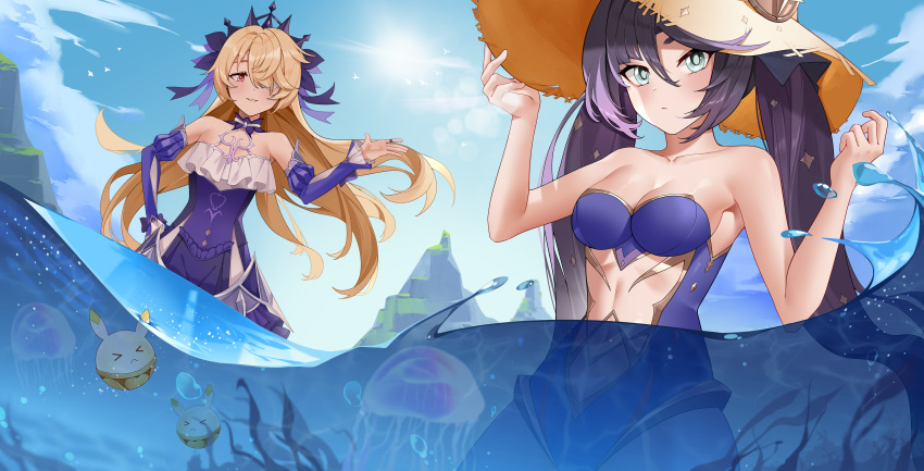 2girls absurdres bare_arms bare_shoulders black_hair blonde_hair blue_eyes blue_swimsuit bow breasts brown_headwear cleavage clothing_cutout day detached_collar detached_sleeves dodoco_(genshin_impact) dress eyepatch fischl_(ein_immernachtstraum)_(genshin_impact) fischl_(genshin_impact) genshin_impact hair_bow hand_on_headwear hands_up hat highres jellyfish juliet_sleeves kemile long_hair long_sleeves looking_at_viewer medium_breasts mona_(genshin_impact) multiple_girls navel one-piece_swimsuit outdoors partially_underwater_shot puffy_sleeves purple_dress red_eyes stomach_cutout strapless strapless_swimsuit straw_hat sun sunlight swimsuit tiara twintails water