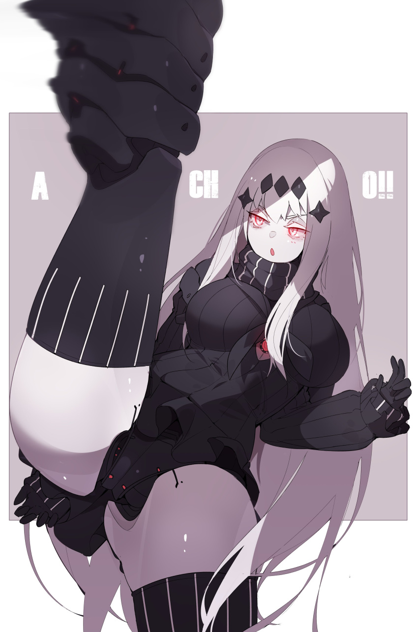 1girl absurdres abyssal_ship aircraft_carrier_water_oni android armored_boots black_dress boots breasts commission detached_sleeves dress english_commentary highres kantai_collection large_breasts long_hair red_eyes ribbed_dress second-party_source short_dress sidelocks solo split standing standing_on_one_leg standing_split thigh_boots ub1mo very_long_hair white_hair