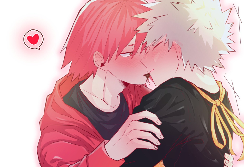 2boys bakugou_katsuki black_shirt blonde_hair blush boku_no_hero_academia chocolate closed_eyes food_in_mouth hand_on_another's_shoulder hane11254 heart highres jacket kirishima_eijirou male_focus multiple_boys red_eyes red_hair red_jacket shirt spiked_hair spoken_heart white_background yaoi