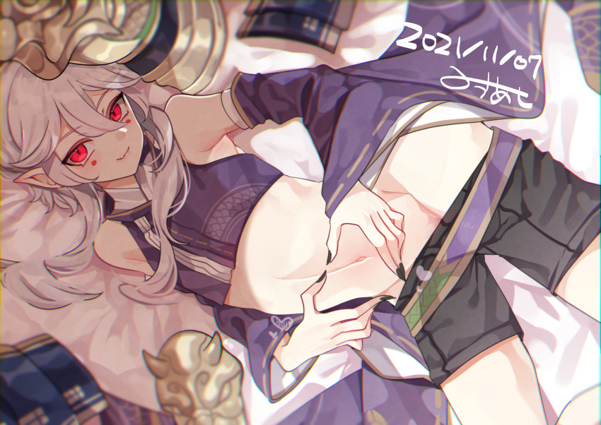 1boy absurdres androgynous bishounen blurry crop_top depth_of_field detached_sleeves facial_mark girly_boy hair_between_eyes hannya hannya_(onmyoji) heart heart_hands highres japanese_clothes long_hair looking_at_viewer lying male_focus mask mask_removed moto_mitsuashi otoko_no_ko ponytail red_eyes shorts smile solo white_hair wide_sleeves