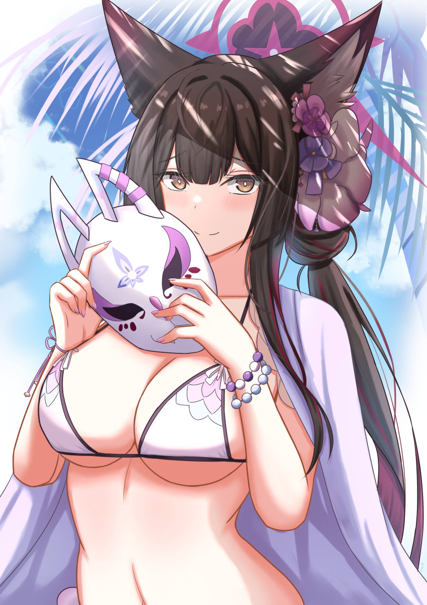 1girl absurdres animal_ears bangs bikini black_hair blue_archive blush bracelet breasts brown_eyes cleavage closed_mouth commentary elina_(eri15) fox_ears hair_ornament halo highres jewelry large_breasts long_hair looking_at_viewer mask outdoors smile solo swimsuit underboob upper_body wakamo_(blue_archive) wakamo_(swimsuit)_(blue_archive) white_bikini
