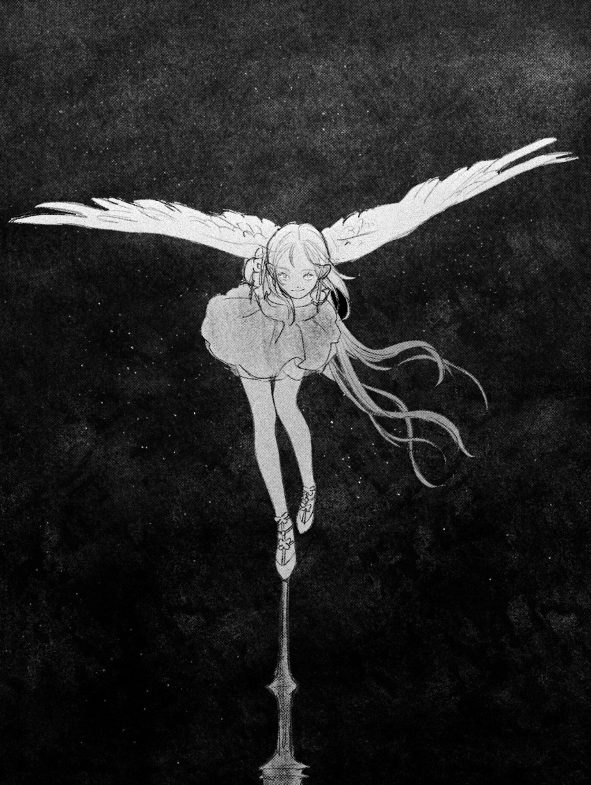 1girl arms_behind_back bent_over breasts dress feathered_wings floating_hair greyscale heart highres long_hair looking_at_viewer monochrome night night_sky on_top_of_pole original outdoors renemesia shoes sky smile solo standing standing_on_one_leg star_(sky) starry_sky thighhighs very_long_hair wings