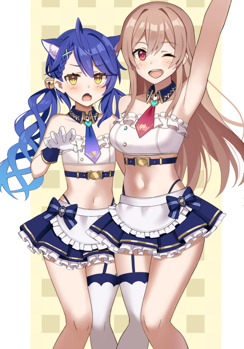 2girls ;d ahoge amamiya_kokoro amamiya_kokoro_(cosplay) apron arm_up armpits asymmetrical_bangs bandeau bangs bare_shoulders bell belt blue_belt blue_bow blue_hair blue_necktie blue_skirt blush bow braid breasts brown_hair cosplay detached_collar fang french_braid frilled_apron frilled_bandeau frills furen_e_lustario garter_straps glastonbury1966 gloves hair_bell hair_between_eyes hair_ornament highleg highleg_panties highres jingle_bell large_breasts long_hair looking_at_viewer midriff miniskirt multiple_girls navel necktie nijisanji official_alternate_costume one_eye_closed panties petticoat red_eyes red_necktie single_thighhigh skin_fang skirt smile stomach strapless thighhighs twintails underwear very_long_hair virtual_youtuber waist_apron white_apron white_bandeau white_gloves x_hair_ornament yellow_eyes