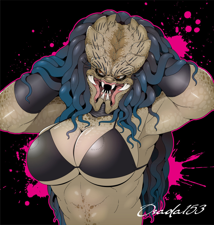 2022 absurd_res alien big_breasts bikini bikini_top breasts cleavage clothed clothing digital_media_(artwork) female hands_in_hair hi_res humanoid jewelry looking_aside mandibles not_furry open_mouth osada predator_(franchise) pseudo_hair pupils raised_arms scales seductive sharp_teeth slit_pupils solo swimwear teeth tentacle_hair tentacles text yautja