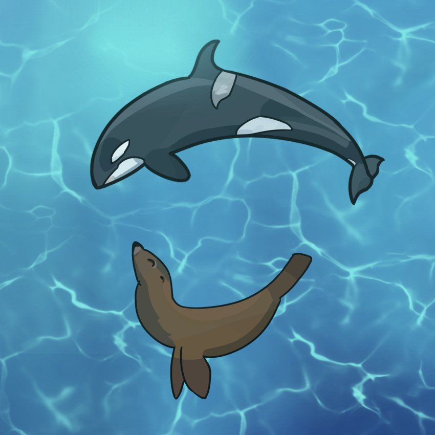 1:1 acowdognamedbuck alterhuman_lore ambiguous_gender black_body black_nose black_skin brown_body brown_fur cetacean delphinoid duo eyes_closed feral fur happy hi_res legless mammal marine oceanic_dolphin orca pinniped sea_lion shaded therian_lore toothed_whale underwater water white_body white_skin