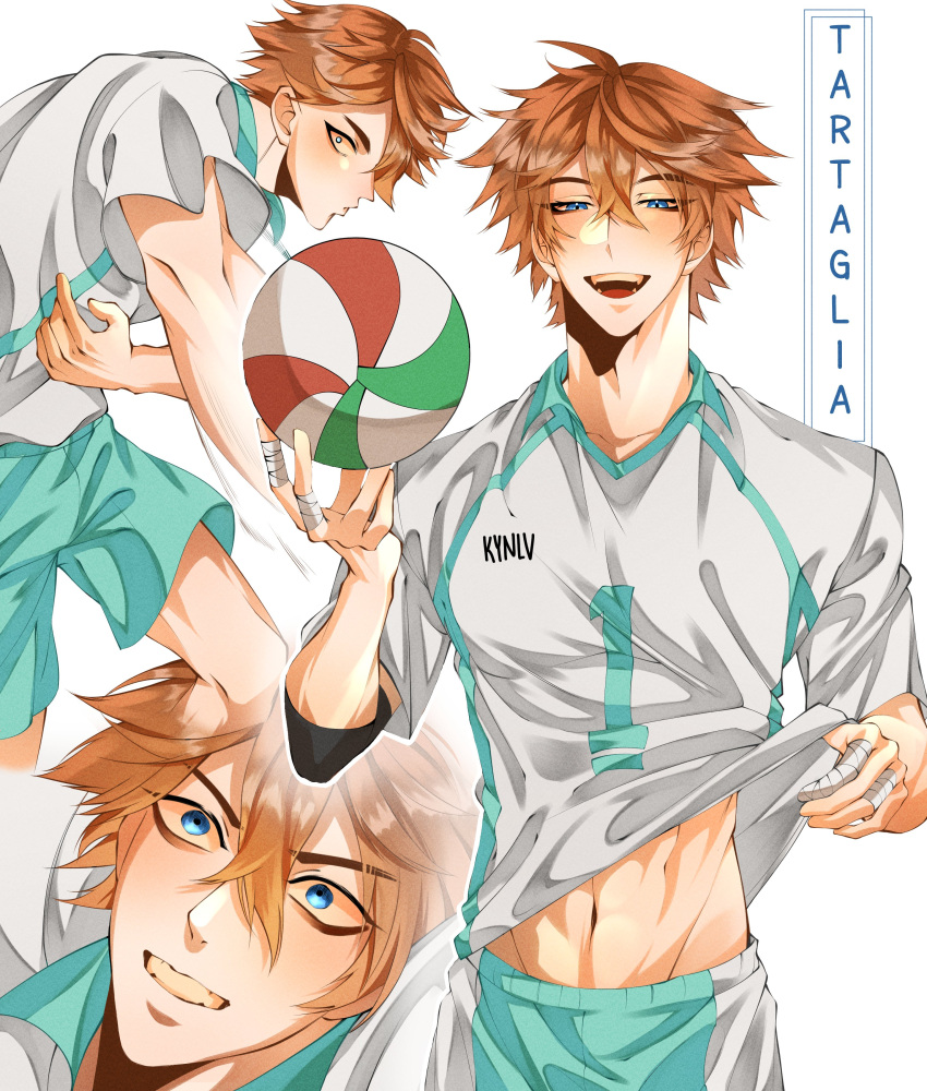 1boy absurdres aoba_johsai_volleyball_uniform aqua_shorts ball bangs blue_eyes character_name clothes_lift cosplay genshin_impact haikyuu!! hair_between_eyes highres holding holding_ball kynlv male_focus midriff multiple_views navel oikawa_tooru_(haikyuu!!) oikawa_tooru_(haikyuu!!)_(cosplay) open_mouth orange_hair shirt_lift short_hair shorts sportswear taped_fingers tartaglia_(genshin_impact) volleyball volleyball_uniform white_background