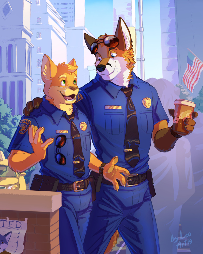 2022 4:5 4_fingers absurd_res anthro beverage blue_bottomwear blue_clothing blue_pants bottomwear canid canine city clothing coffee commercial_vehicle container cup detailed_background digital_media_(artwork) disney duo eyewear fan_character fingers fox fur hi_res holding_object leo-artis mammal necktie open_mouth pants police_officer public_transportation scott_(scottthefox94) signature sunglasses taxicab uniform vehicle vehicle_for_hire wanted_poster zootopia