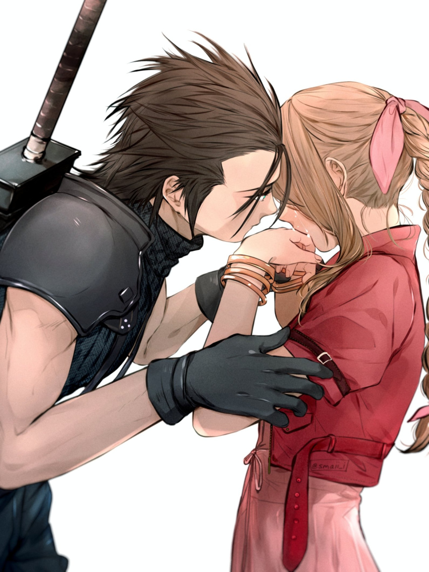 1boy 1girl aerith_gainsborough armor black_gloves black_hair blue_eyes bracelet braid braided_ponytail brown_hair buster_sword couple crying dress final_fantasy final_fantasy_vii final_fantasy_vii_remake from_side gloves hair_ribbon hands_up highres imminent_hug jacket jewelry long_hair looking_at_another maiii_(smaii_i) pink_dress pink_ribbon red_jacket ribbon shoulder_armor spiked_hair sweater tears turtleneck turtleneck_sweater weapon weapon_on_back white_background zack_fair