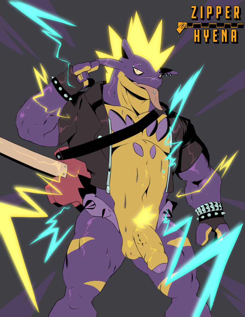 2022 absurd_res alternate_version_at_source anthro balls biceps biped bottomless clothed clothing digital_media_(artwork) electricity foreskin genitals glans guitar hi_res humanoid_genitalia humanoid_penis male mohawk muscular muscular_anthro muscular_male musical_instrument navel nintendo open_mouth partially_retracted_foreskin pecs penis piercing plucked_string_instrument pok&eacute;mon pok&eacute;mon_(species) portrait pubes purple_body solo string_instrument three-quarter_portrait tongue tongue_out tongue_piercing topwear toxtricity vein veiny_penis vest video_games yellow_body zipperhyena