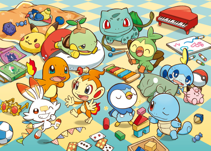 ball berry_(pokemon) blanket book bowl bulbasaur candy_wrapper card character_doll charmander chibi chimchar choice_specs closed_eyes closed_mouth commentary_request flame-tipped_tail grookey instrument official_art one_eye_closed pikachu piplup plant playing_card pokemon scorbunny sitrus_berry sketchbook smile sobble squirtle substitute_(pokemon) turtwig u_u vines xylophone