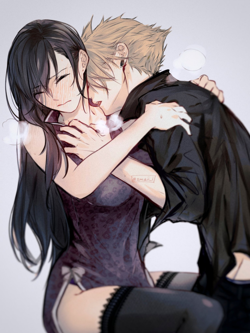 1boy 1girl animal_print bare_shoulders black_hair blonde_hair blush breasts breath china_dress chinese_clothes closed_eyes cloud_strife couple dress earrings final_fantasy final_fantasy_vii final_fantasy_vii_remake hetero highres imminent_hug imminent_kiss jewelry large_breasts leopard_print long_hair maiii_(smaii_i) official_alternate_costume shirt thighhighs thighs tifa_lockhart tifa_lockhart's_sporty_dress tongue tongue_out