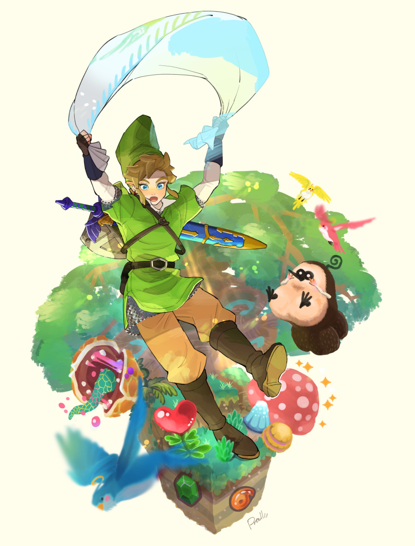 1boy absurdres armor belt bird blonde_hair blue_eyes boots chainmail eart falling fingerless_gloves full_body gem gloves green_headwear green_tunic h highres link long_sleeves monster open_mouth parachute pointy_ears pra_11 shield shirt short_hair soil sparkle sword the_legend_of_zelda the_legend_of_zelda:_skyward_sword tree weapon weapon_on_back white_shirt