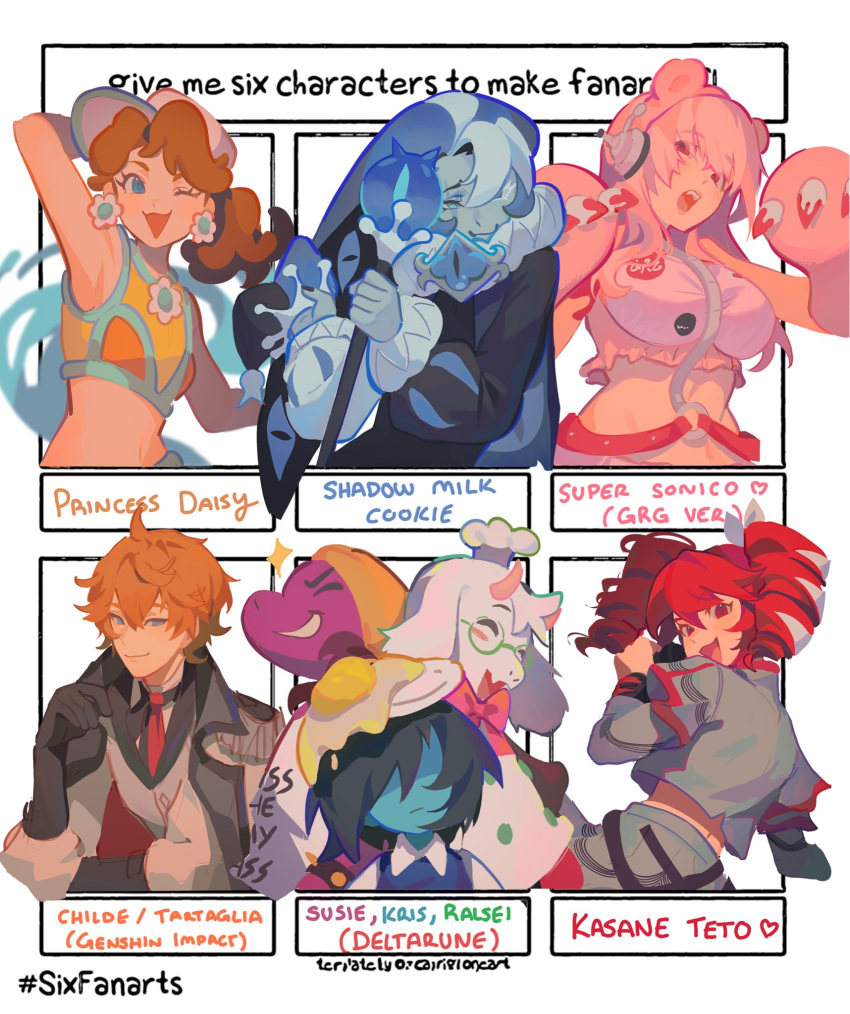 1other 3boys 4girls animal_ears animal_hands blue_eyes blue_hat blue_skin breasts brown_hair character_name chef_hat colored_skin cookie_run cookie_run:_kingdom crop_top drill_hair earrings english_text flower_earrings fried_egg furry furry_female furry_male glasses gloves goat_boy goat_ears goat_horns grey_shirt hat headphones highres horns humanization jester_cap jewelry kasane_teto kris_(cooking_show)_(deltarune) kris_(dark_world)_(deltarune) kris_(deltarune) long_sleeves mararu mario_(series) mini_hat multiple_boys multiple_drawing_challenge multiple_girls navel nitroplus one_eye_closed open_mouth orange_hair paw_gloves pink_hair pink_horns ponytail princess_daisy puffy_long_sleeves puffy_sleeves ralsei ralsei_(cooking_show) red_eyes red_hair shadow_milk_cookie shirt six_fanarts_challenge smile super_sonico susie_(cooking_show)_(deltarune) susie_(dark_world)_(deltarune) susie_(deltarune) tartaglia_(genshin_impact) twin_drills utau white_hair white_hat