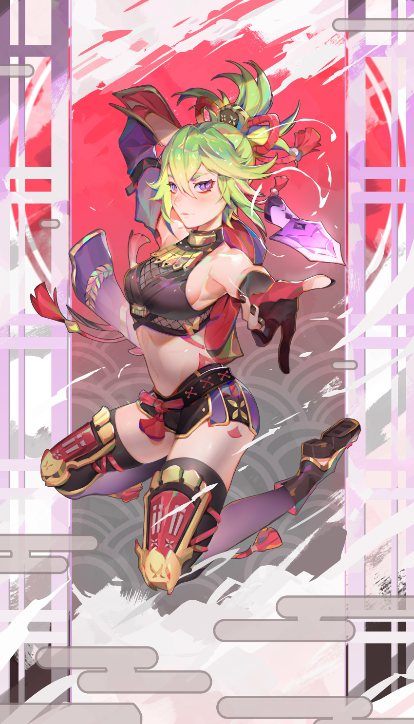 1girl absurdres arm_up bangs black_nails bleble breasts closed_mouth crop_top cropped_jacket dagger full_body genshin_impact geta gloves green_hair hair_between_eyes hair_ornament highres jacket knees_up knife kuki_shinobu leg_armor legs_apart medium_breasts midriff navel no_mask outstretched_arm partially_fingerless_gloves purple_eyes purple_jacket rope shimenawa short_ponytail short_shorts shorts solo stomach tassel thighhighs thighs throwing_knife weapon