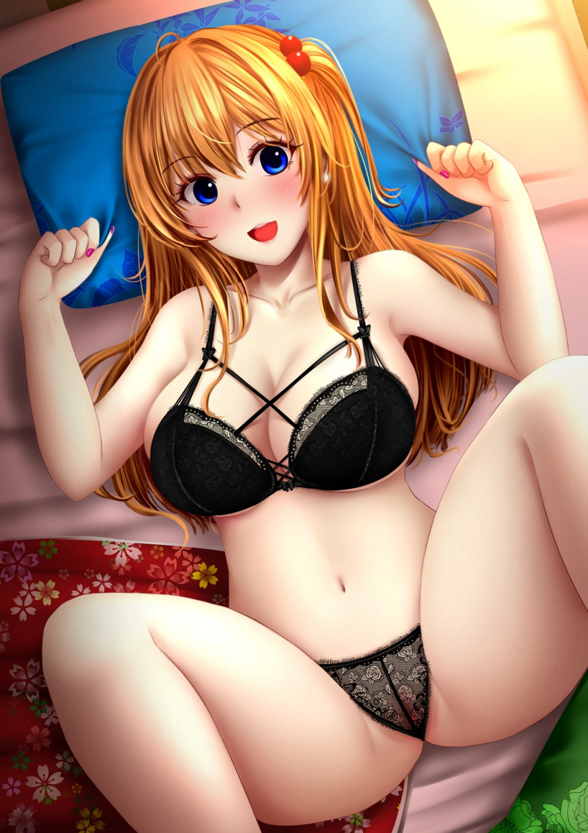 1girl :d anakin_sky_(utcc) bangs bare_arms bare_legs bare_shoulders black_bra black_panties blonde_hair blue_eyes blush bra breasts cleavage collarbone commentary english_commentary feet_out_of_frame floral_print hair_between_eyes hair_bobbles hair_ornament highres knees_up large_breasts long_hair looking_at_viewer lying nail_polish on_back one_side_up original panties pillow purple_nails smile solo spread_legs teeth underwear upper_teeth