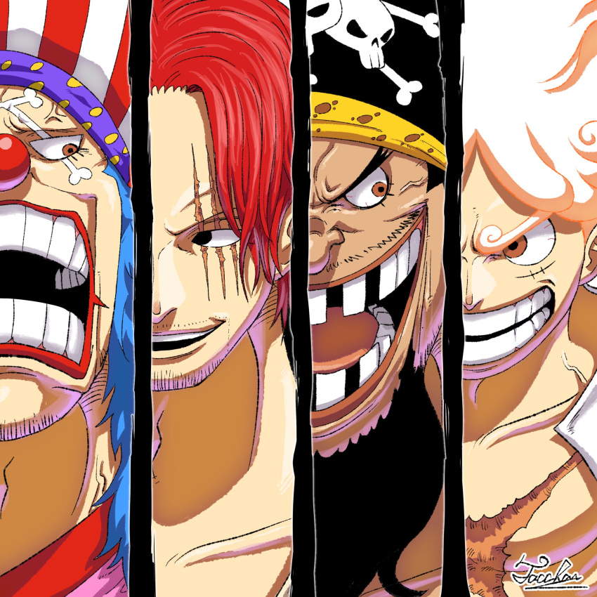 anger_vein beard black_hair buggy_the_clown clown clown_nose evil_smile facial_hair gear_fifth grin hat highres long_hair looking_at_another male_focus marshall_d._teach missing_teeth monkey_d._luffy multiple_boys one_piece open_clothes open_mouth pectorals red_hair scar scar_across_eye scar_on_chest scar_on_face shanks shirt short_hair signature smile tacchan56110 tattoo veins white_hair