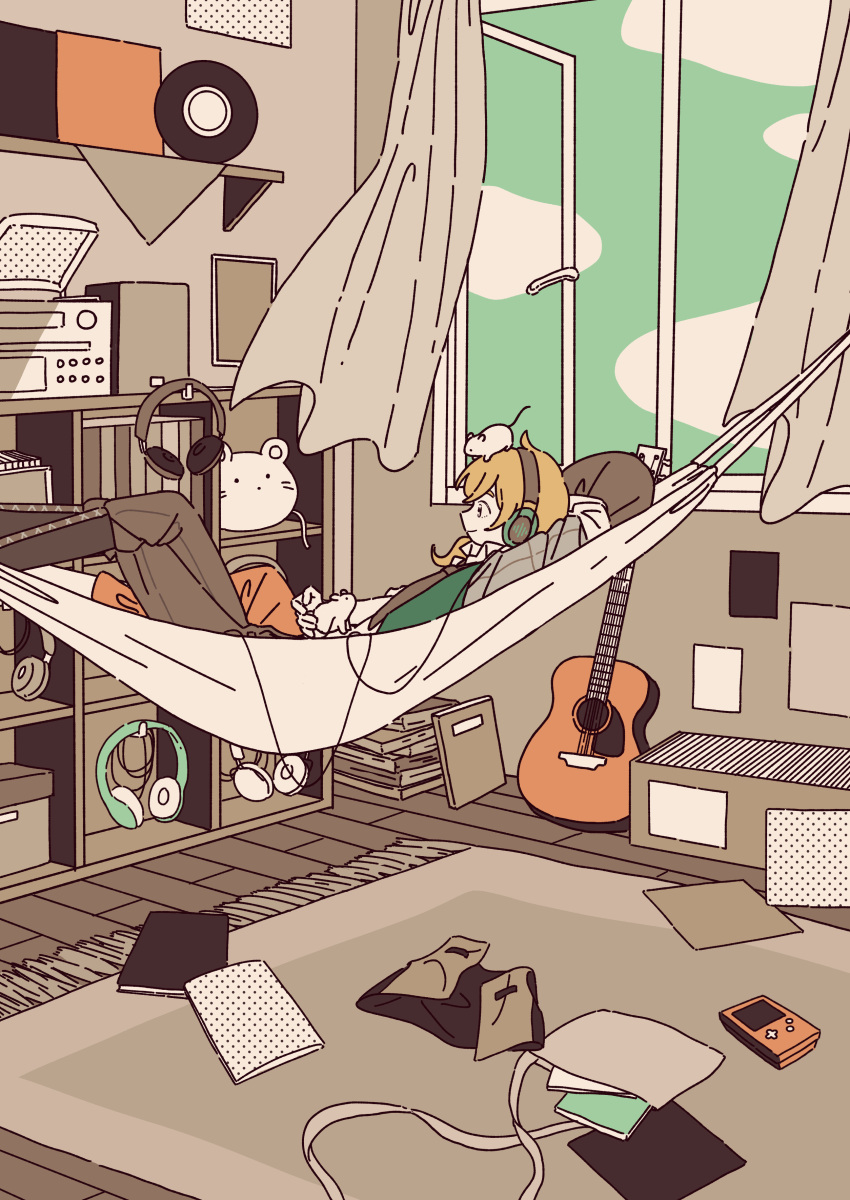 1other absurdres ambiguous_gender book brown_hair brown_necktie brown_pants brown_theme closed_mouth commentary_request curtains day flat_color from_side green_sky guitar hammock handheld_game_console headphones highres holding holding_unworn_clothes indoors instrument mitsuki_sanagi mouse_(animal) necktie on_hammock open_window original pants pile_of_books rug shirt short_hair sky slice_of_life speaker stuffed_animal stuffed_toy unworn_headphones vinyl_record wind window