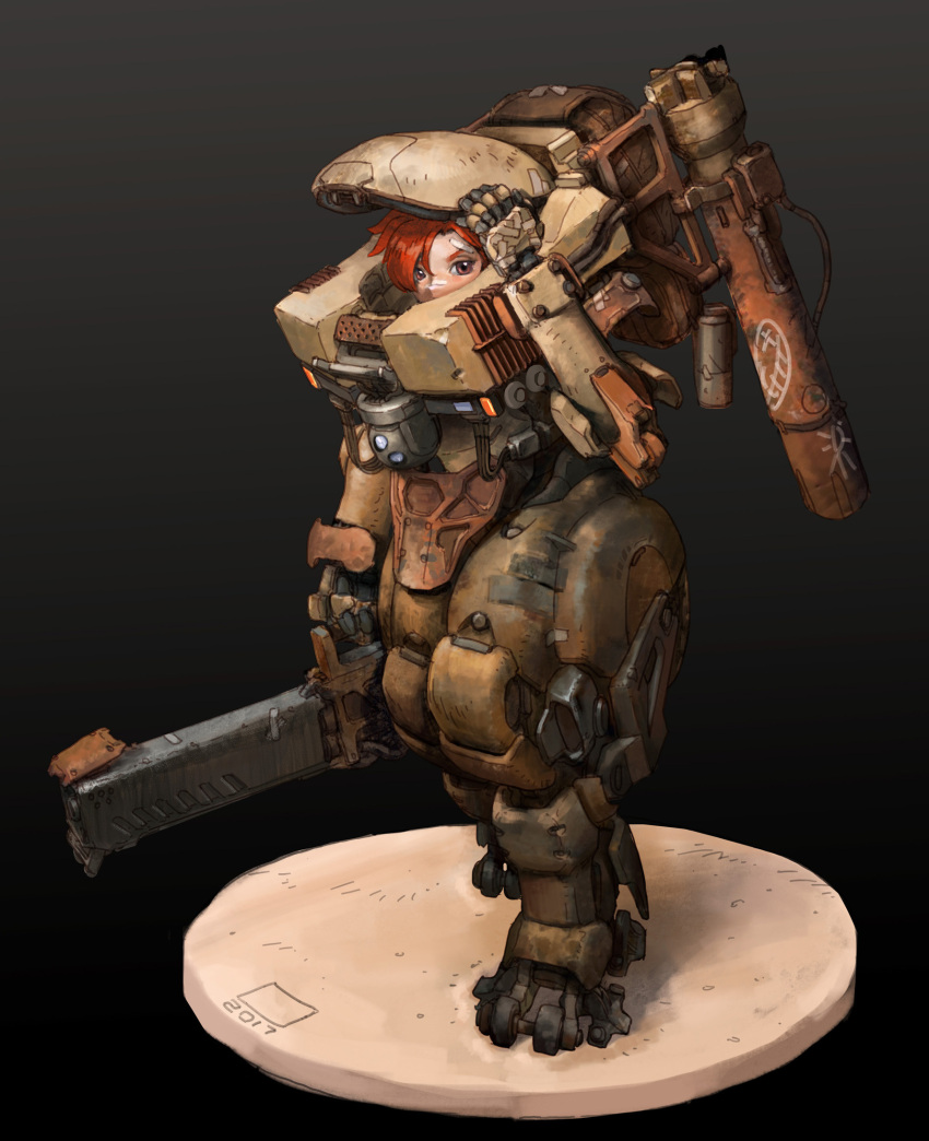 1girl backpack bag bandaid bandaid_on_face bandaid_on_nose commentary_request dated full_body highres looking_at_viewer original power_armor red_ace red_eyes red_hair short_hair solo visor_lift