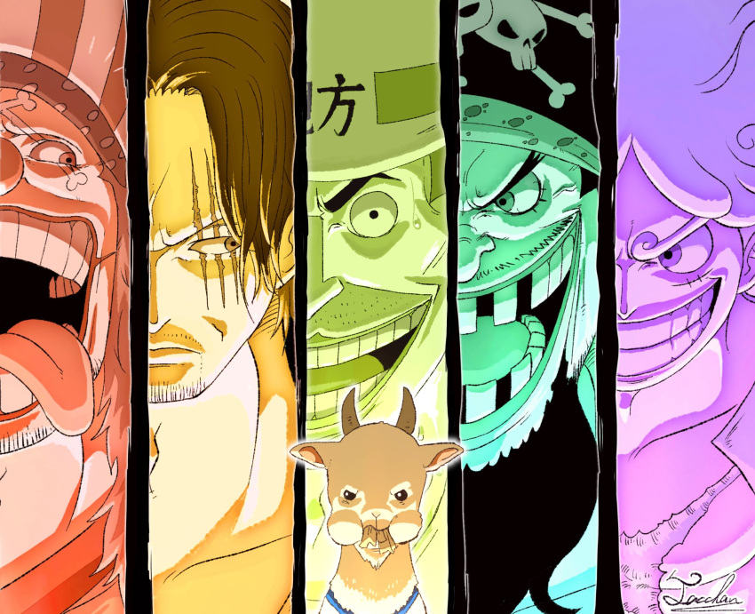 5boys beard black_hair buggy_the_clown clown_nose evil_smile facial_hair fat goat grin hat highres long_hair looking_to_the_side male_focus marshall_d._teach missing_teeth monkey_d._luffy multiple_boys one_piece open_clothes open_mouth panels pectorals pirate_hat scar scar_across_eye scar_on_face shanks shirt short_hair signature smile tacchan56110 tattoo tongue tongue_out