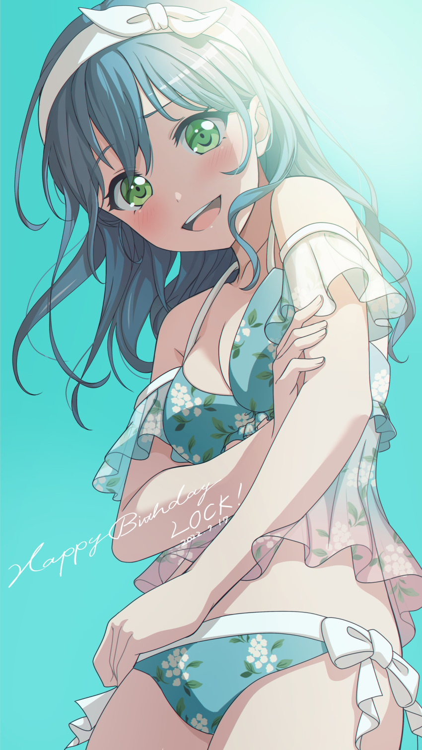 1girl :d absurdres aqua_background asahi_rokka bang_dream! bangs bare_shoulders bikini blue_bikini blue_hair blush bow bow_bikini bow_hairband breasts character_name cleavage collarbone commentary cowboy_shot dated floral_print frilled_bikini frilled_sleeves frills from_below gradient gradient_background green_eyes hair_between_eyes hair_bow hairband hand_on_own_arm hand_up happy_birthday highres long_hair looking_at_viewer looking_down medium_breasts nobusawa_osamu off-shoulder_bikini off_shoulder open_mouth print_bikini see-through short_sleeves side-tie_bikini smile solo standing swimsuit teeth upper_teeth wavy_hair white_bow white_hairband