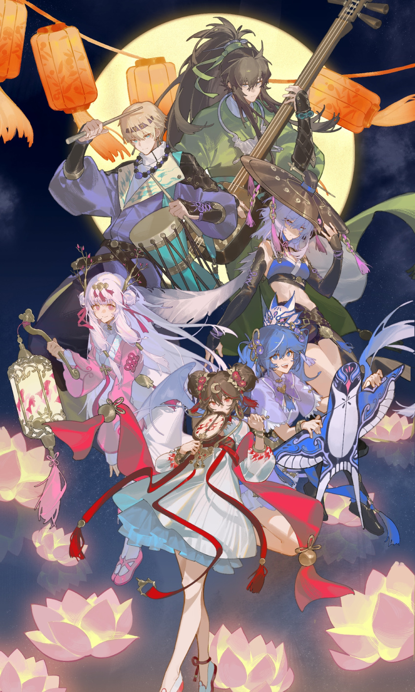 2boys 4girls :d absurdres adjusting_clothes adjusting_headwear anklet bare_legs bare_shoulders bead_necklace beads black_gloves black_hair black_shorts blonde_hair blue_coat blue_eyes blue_hair bracelet chinese_clothes chinese_commentary chinese_knot cloud coat coin coin_hat_ornament coin_on_string commentary covering_own_mouth crescent crescent_hair_ornament crop_top crossed_bangs crossed_legs double_bun dress drum drumsticks earrings elbow_gloves erhu feather_cape flame_print floating_clothes flower full_moon galbrena_(wuthering_waves) gauntlets gloves glowing_flower gold_bracelet gold_earrings gold_necklace green_robe hair_between_eyes hair_branch hair_bun hair_flower hair_ornament hairpin hand_fan hat_ornament headband high_ponytail highres holding holding_drumsticks holding_erhu holding_fan holding_instrument holding_kite holding_lantern instrument iuno_(wuthering_waves) jewelry kite kneeling kuro_games lantern large_hat layered_sleeves lee_(pgr) linea_alba liv_(pgr) long_hair lotus low-tied_sidelocks lucia_(pgr) mandarin_collar mid-autumn_festival midriff moon multicolored_hair multiple_boys multiple_girls music necklace night night_sky open_mouth paper_lantern petticoat pink_dress pink_flower pink_shoes plantar_flexion playing_instrument ponytail print_coat print_dress punishing:_gray_raven purple_dress purple_eyes qiuyuan_(wuthering_waves) red_eyes red_flower robe see-through_clothes see-through_sleeves shoes short_dress short_hair short_shorts shorts sidelocks silver_necklace sky smile socks star_(sky) stomach streaked_hair tassel tassel_hair_ornament teeth toned toned_female turtleneck twintails underbust upper_teeth_only very_long_hair watson_cross white_dress white_hair white_shoes white_socks wide_sleeves wuthering_waves xe367