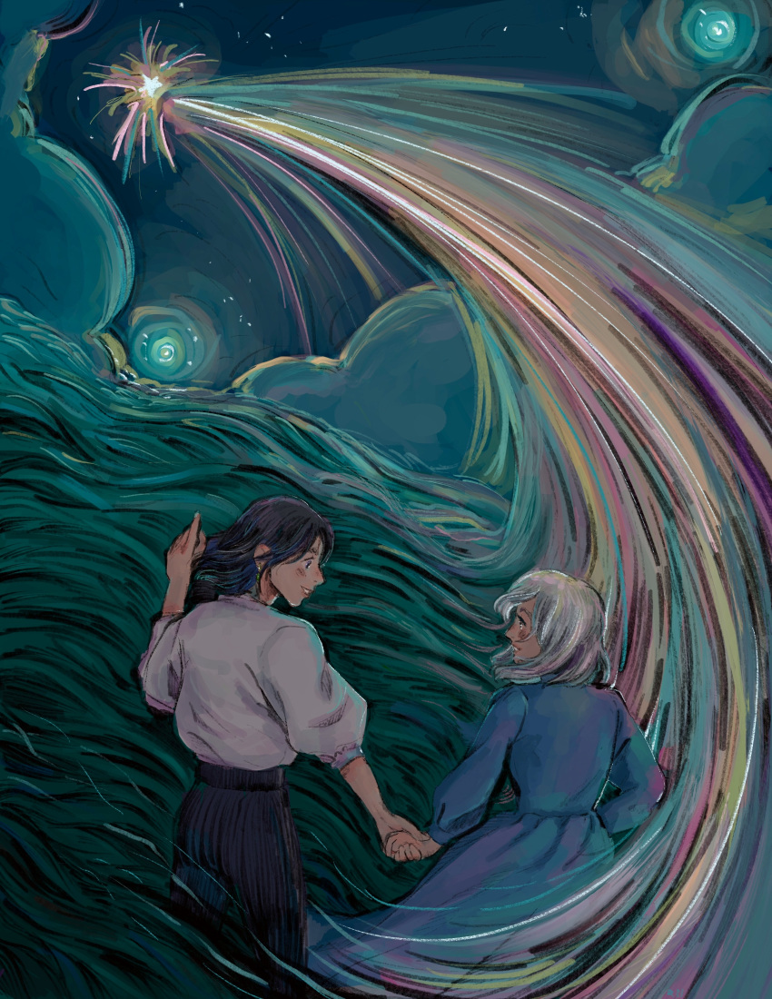 1boy 1girl absurdres black_hair black_pants blue_dress cloud dress emipon244 eye_contact grey_hair hetero highres holding_hands howl_(howl_no_ugoku_shiro) howl_no_ugoku_shiro long_sleeves looking_at_another medium_hair night night_sky outdoors pants pointing shirt shooting_star sky sophie_hatter standing star_(sky) white_shirt