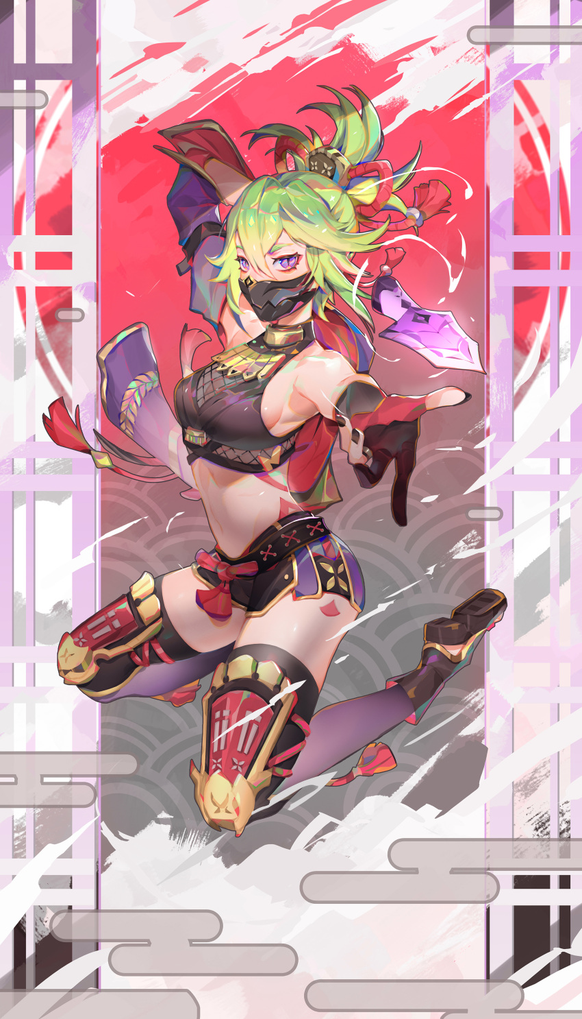 1girl absurdres arm_up bangs black_mask black_nails bleble breasts crop_top cropped_jacket dagger full_body genshin_impact geta gloves green_hair hair_between_eyes hair_ornament highres jacket knees_up knife kuki_shinobu leg_armor legs_apart mask medium_breasts midriff mouth_mask navel ninja_mask outstretched_arm partially_fingerless_gloves purple_eyes purple_jacket rope shimenawa short_ponytail short_shorts shorts solo stomach tassel thighhighs thighs throwing_knife weapon