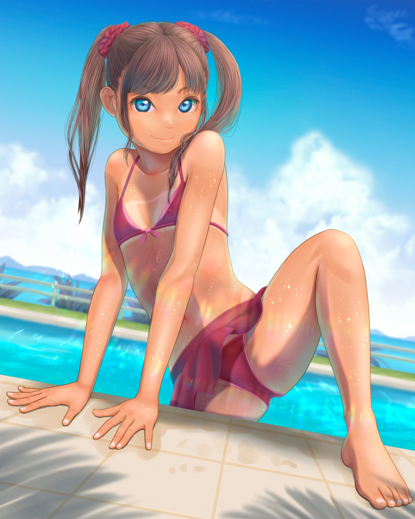 1girl arm_support bikini bikini_skirt blue_eyes breasts brown_hair climbing highres knee_up legs legs_apart long_hair miniskirt navel original outdoors pink_bikini pink_skirt pool poolside scrunchie skirt small_breasts smile solo swimsuit tan tanlines thighs twintails uzuki_mei wet wet_clothes wet_swimsuit