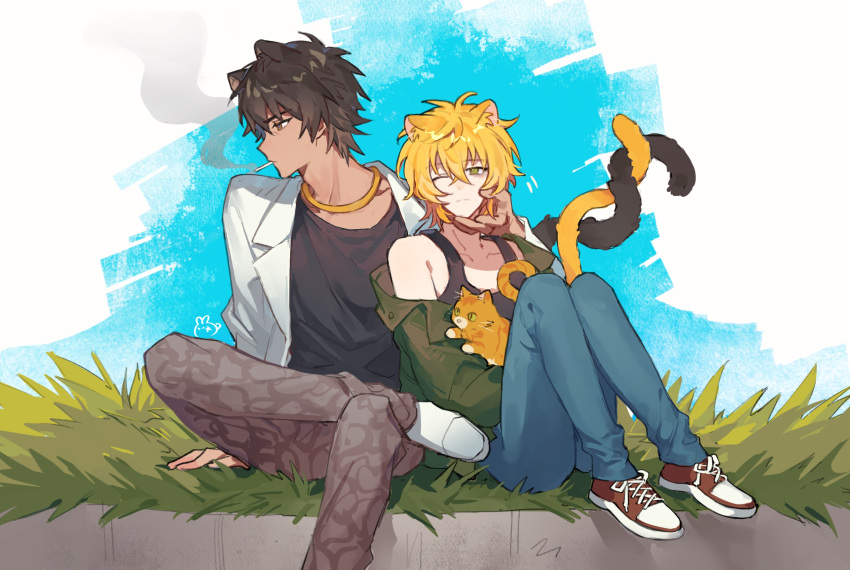 2boys animal_ears animal_on_lap black_shirt brown_eyes brown_pants cat cat_ears cat_on_lap cat_tail dark-skinned_male dark_skin day denim grass green_jacket hair_between_eyes hand_on_another's_cheek hand_on_another's_face highres intertwined_tails jacket jeans knees_up madarame_kei male_focus mouth_hold multiple_boys nocolour on_lap outdoors pants red_footwear shirt shoes short_hair sitting slow_damage smoking sneakers tail tails_touching towa_(slow_damage) white_footwear white_jacket yaoi yellow_eyes