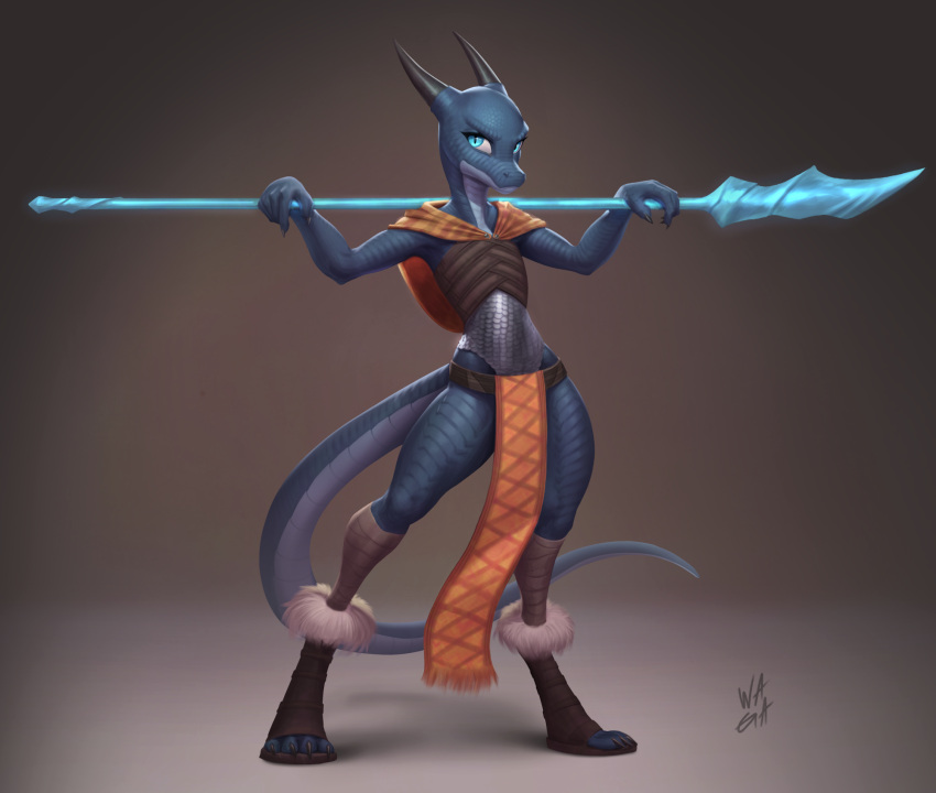 2022 2_horns anthro biped blue_body blue_eyes blue_scales bottomwear clothed clothing digitigrade female hi_res holding_object holding_weapon horn loincloth scales scalie simple_background solo staff topwear w4g4 weapon