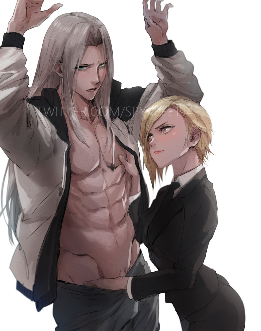 1boy 1girl abs alternate_costume aqua_eyes arms_up asymmetrical_bangs bangs black_jacket black_pants blonde_hair couple elena_(ff7) final_fantasy final_fantasy_vii final_fantasy_xv formal grey_hair hand_in_pants hand_on_another's_chest hetero highres jacket long_hair muscular muscular_male necktie open_clothes open_shirt orange_eyes pants parted_bangs parted_lips sephiroth shirt short_hair spykeee suit track_jacket white_background white_shirt
