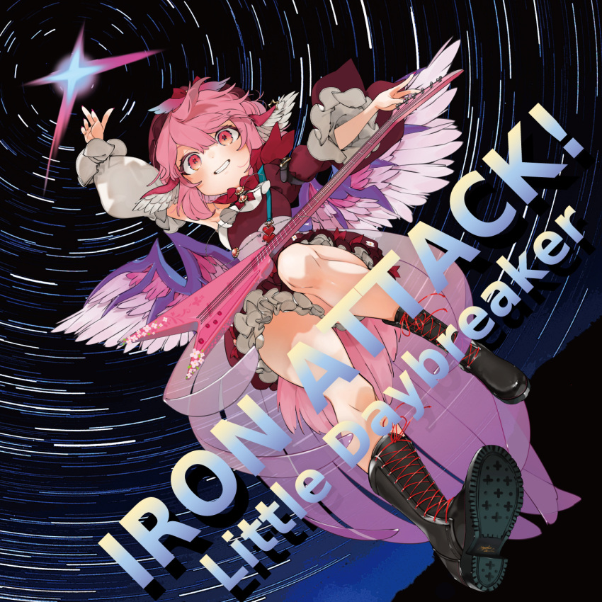 1girl album_cover album_name alternate_costume arm_up asymmetrical_clothes bird_wings black_boots boots bow commentary_request cover detached_sleeves dress electric_guitar english_text fingernails floral_print frills full_body gibson_flying_v gotoh_(nekocat) grin guitar hat heart highres instrument iron_attack! lace-up_boots long_fingernails long_sleeves mystia_lorelei nail_polish night night_sky outstretched_arms petticoat pink_eyes pink_hair red_dress ribbon second-party_source short_hair signature sky smile solo star_(sky) star_(symbol) star_trail strap touhou wings