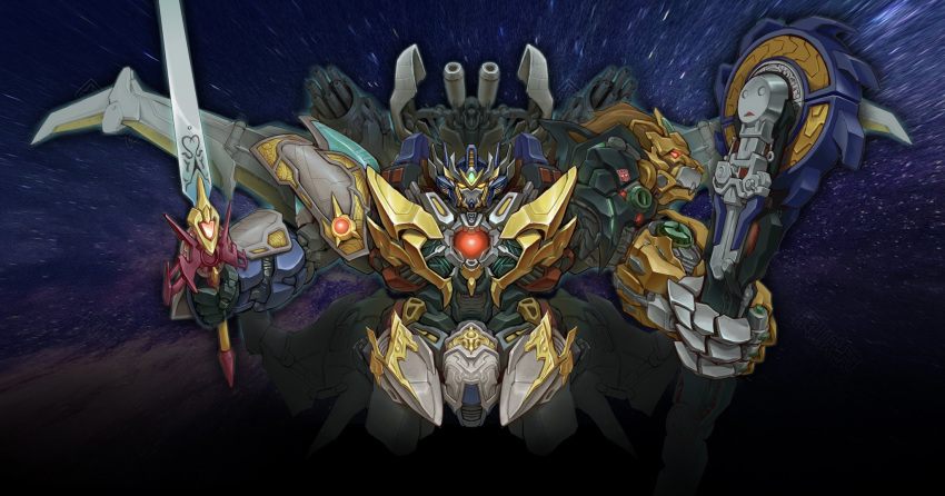 autobot ct990413 dual_wielding floating_hair gattai glowing glowing_eyes highres holding holding_sword holding_weapon leobreaker looking_at_viewer mecha optimus_prime orange_eyes robot saw sword transformers transformers_cybertron v-fin vector_prime weapon