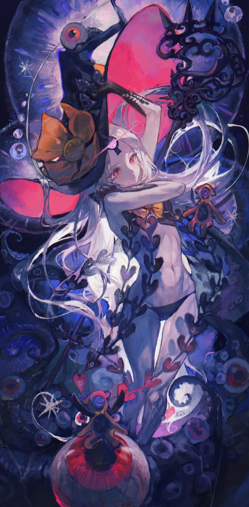 1girl abigail_williams_(fate) abigail_williams_(third_ascension)_(fate) absurdres bangs black_bow black_headwear black_panties bow breasts closed_mouth colored_skin commentary expressionless fate/grand_order fate_(series) full_body hat hat_bow highres holding holding_key key keyhole long_hair looking_at_viewer maccha_(mochancc) multiple_bows multiple_hat_bows navel orange_bow pale_skin panties parted_bangs polka_dot polka_dot_bow red_eyes revealing_clothes skull_print solo suction_cups tentacles underwear very_long_hair white_hair white_skin witch_hat