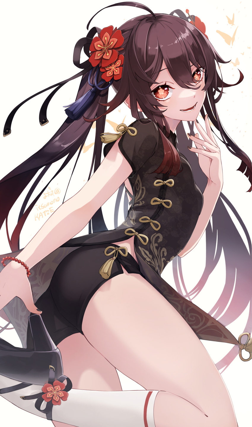 1girl absurdres ahoge bangs black_footwear brown_hair china_dress chinese_clothes commentary_request dress flower flower-shaped_pupils genshin_impact hair_between_eyes hair_flower hair_ornament high_heels highres hu_tao_(genshin_impact) itsumono_katze long_hair looking_at_viewer parted_lips red_eyes socks solo symbol-shaped_pupils twintails white_socks