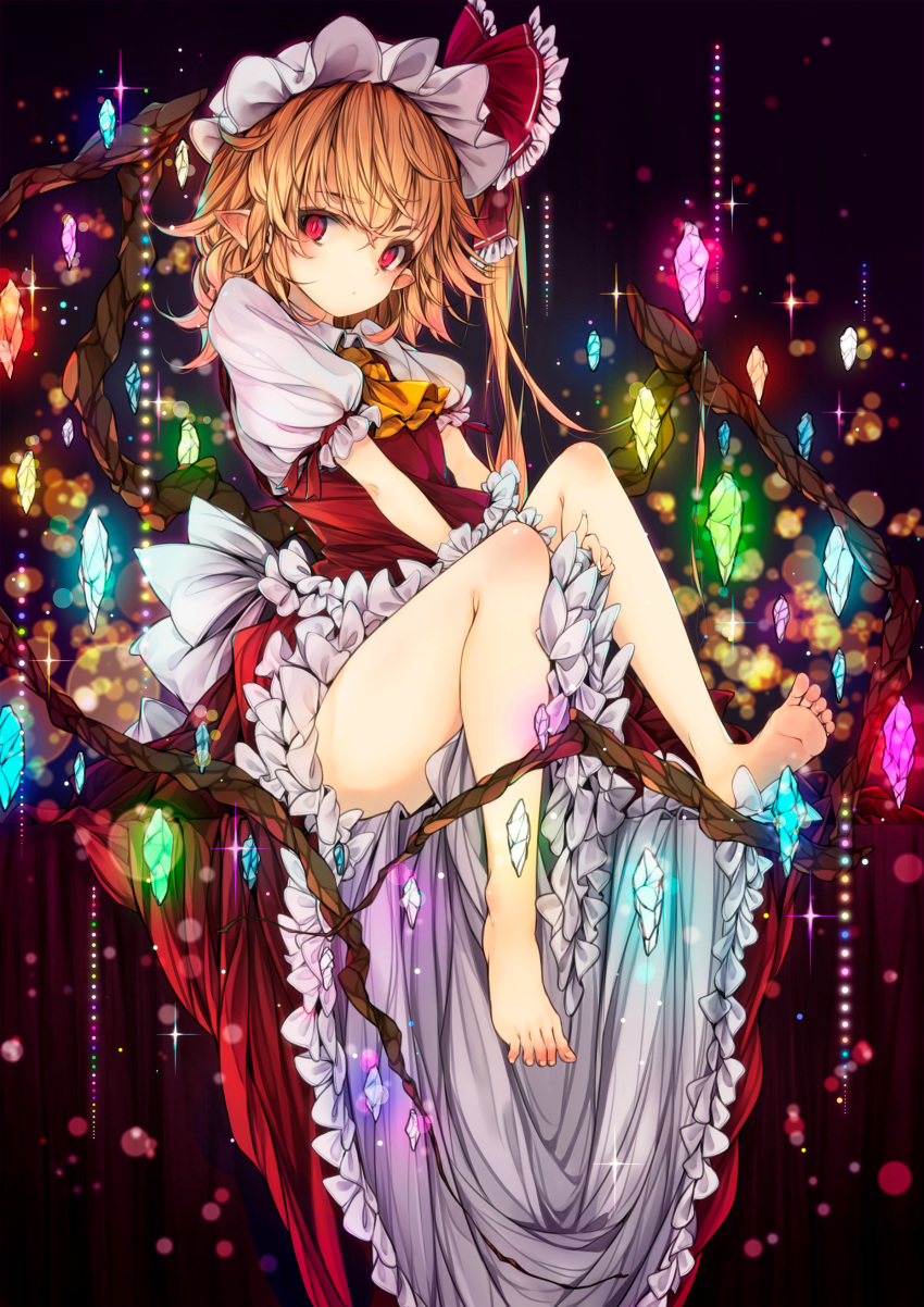 .sin 1girl absurdres ascot back_bow barefoot blonde_hair bow closed_mouth collared_shirt crystal dark_background flandre_scarlet frilled_skirt frilled_sleeves frills full_body hat hat_bow highres looking_at_viewer medium_hair mob_cap one_side_up pointy_ears puffy_short_sleeves puffy_sleeves red_bow red_eyes red_ribbon red_skirt red_vest ribbon shirt short_sleeves skirt skirt_set slit_pupils solo sparkle touhou vest white_bow white_headwear white_shirt wings yellow_ascot
