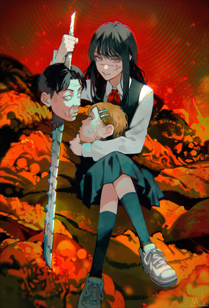 1girl absurdres bangs black_dress black_hair black_socks blonde_hair chainsaw_man collared_shirt cross_scar crossed_legs dress full_body hair_ornament hairclip highres holding holding_another's_head holding_sword holding_weapon kneehighs kyuuba_melo long_sleeves looking_at_viewer mitaka_asa neckerchief no_pupils pinafore_dress red_neckerchief ringed_eyes scar scar_on_cheek scar_on_face school_swimsuit severed_head shirt short_hair sidelocks signature sitting smell socks solo spine swimsuit sword teeth veins war_devil_(chainsaw_man) weapon white_footwear white_shirt yellow_eyes