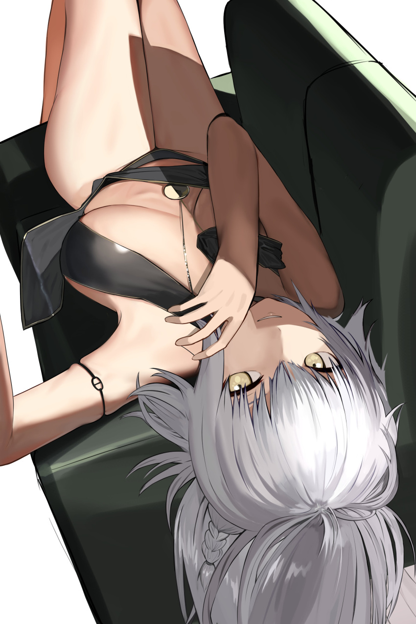 1girl absurdres bangs bare_shoulders basaru_1106 bikini black_bikini braid breasts cleavage couch fate/grand_order fate_(series) grey_hair highres jeanne_d'arc_alter_(fate) jeanne_d'arc_alter_(festival_outfit)_(fate) large_breasts long_hair looking_at_viewer lying multiple_braids o-ring o-ring_bikini official_alternate_costume on_back sarong swimsuit very_long_hair yellow_eyes