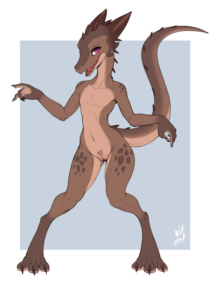 2020 absurd_res anthro brown_body brown_scales claws female flat_chested front_view full-length_portrait genitals hi_res kobold looking_at_viewer nude pink_eyes portrait pupils pussy scales scalie slit_pupils solo standing w4g4