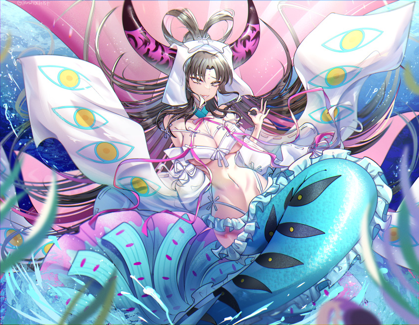 1girl bangs bikini black_hair breasts cleavage english_commentary facial_mark fate/grand_order fate_(series) forehead_mark highres horns looking_ahead medium_breasts mermaid monster_girl monsterification navel ok_sign parted_bangs sesshouin_kiara smile solo stomach swimsuit trashochist underwater white_bikini yellow_eyes