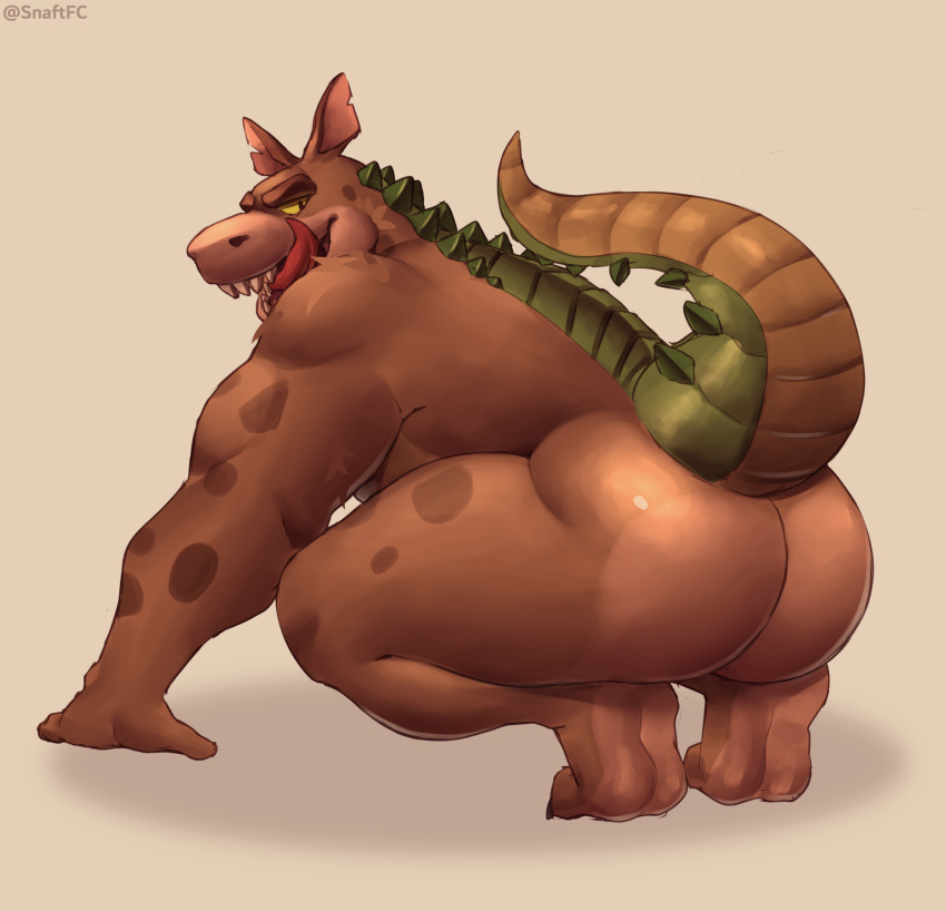 absurd_res activision anthro anus bent_legs big_butt brown_body butt butt_focus canid canine canis claws crash_bandicoot_(series) crocodile crocodilian crocodylid dingo dingodile dominant dominant_male eyebrows fangs feet fur fur_markings hand_on_floor hi_res hybrid looking_at_viewer male male/male mammal markings muscular muscular_male paws raised_tail rear_view red_tongue reptile scales scalie simple_background smile smirk snaftfc solo tan_body thick_tail tongue tongue_out video_games white_background yellow_eyes