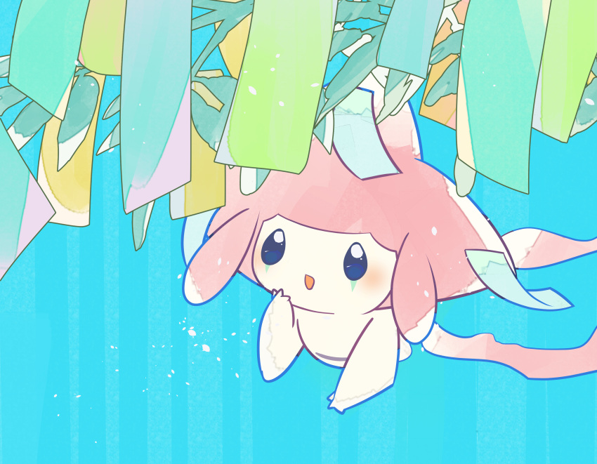 absurdres blue_background blush commentary_request hand_up happy highres jirachi leaf looking_up no_humans open_mouth paper pokemon pokemon_(creature) shiramizore_(rate1026) smile solo