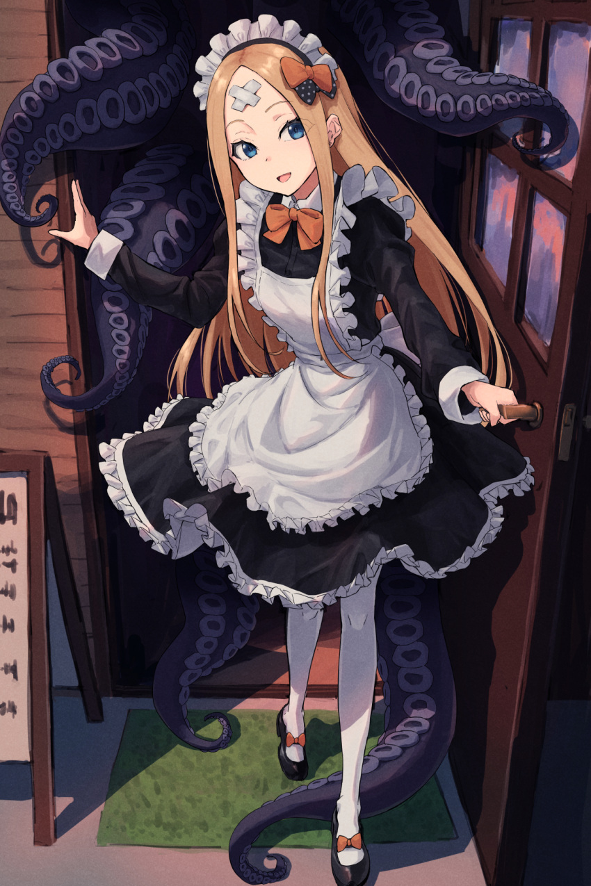1girl abigail_williams_(fate) alternate_costume apron bandages bangs black_dress blonde_hair blue_eyes bow cafe commentary dress enmaided fate/grand_order fate_(series) forehead frilled_apron frills full_body hair_bow highres ichi_yoshida long_hair long_sleeves looking_at_viewer maid maid_headdress mary_janes neck_ribbon open_mouth opening_door orange_bow orange_ribbon parted_bangs petticoat purple_bow ribbon shoes smile solo standing tentacles thighhighs very_long_hair white_apron white_thighhighs